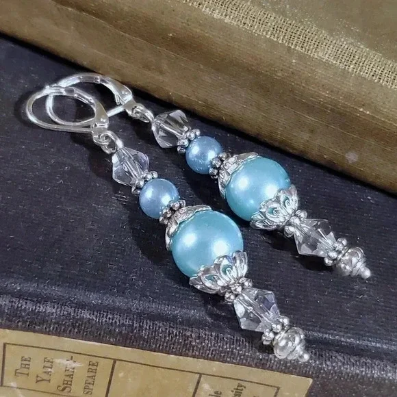 Light Blue Glass Pearl Sterling Silver Plated Handcrafted Dangle Earrings - Picture 8 of 11